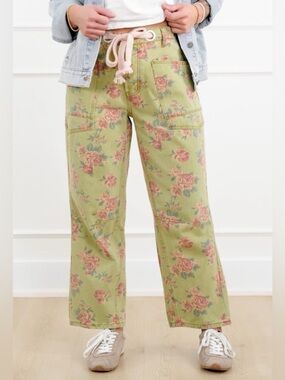 Floral Green Wide-Leg Utility Pants